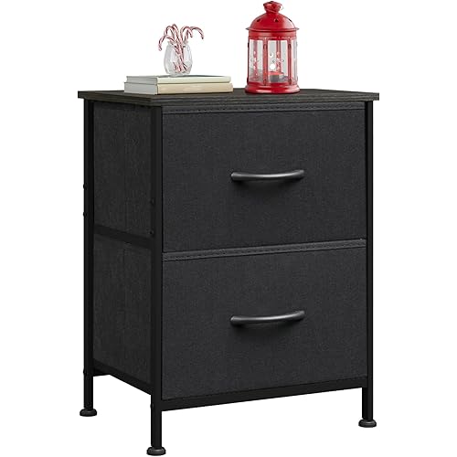 WLIVE Black Night Stand, Small Dresser with 2 Drawers & Wooden Top, Nightstand with Fabric Bins, Bedside Table End Table for Bedroom, Closet, Entryway, College Dorm, Charcoal Black