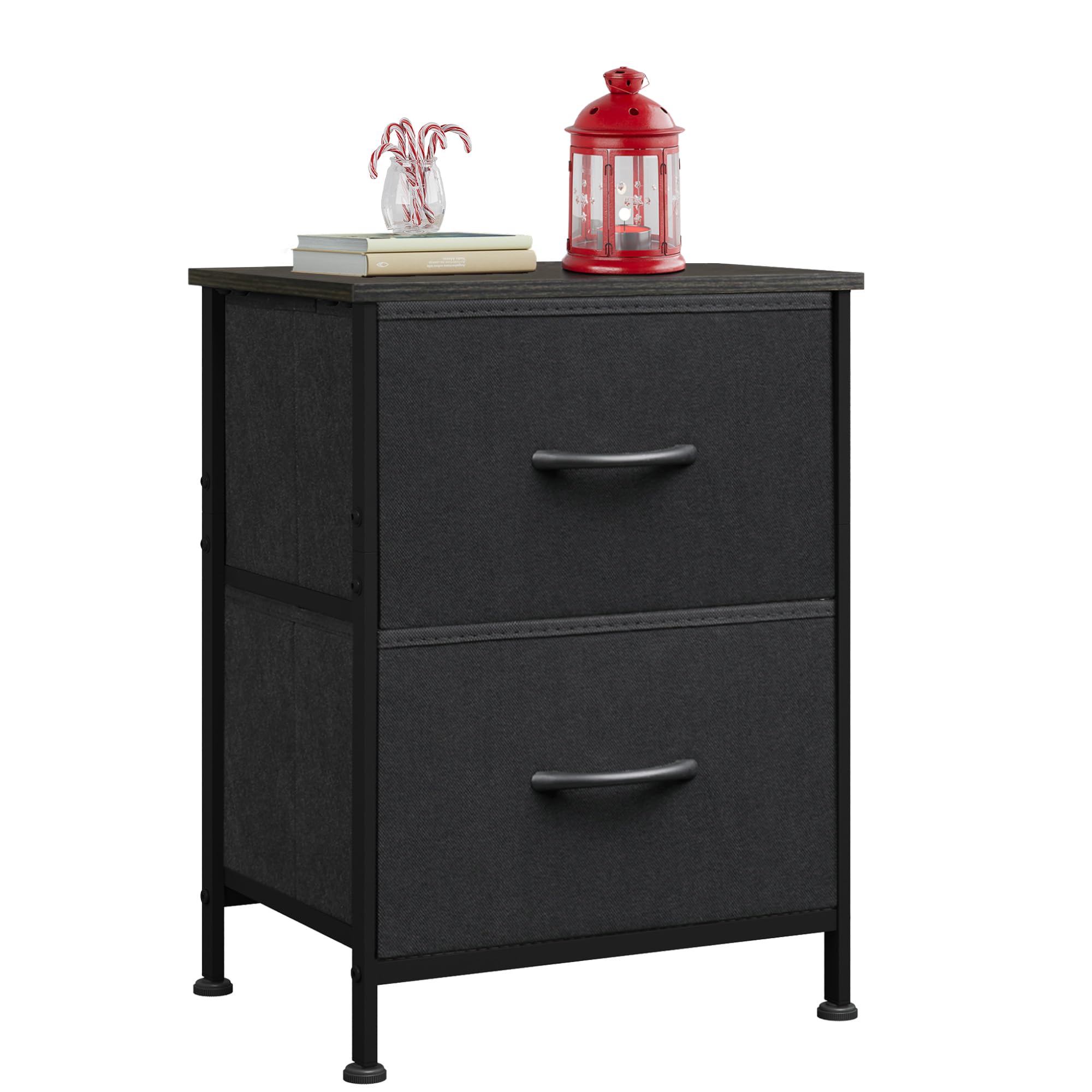WLIVE Black Night Stand, Small Dresser with 2 Drawers & Wooden Top, Nightstand with Fabric Bins, Bedside Table End Table for Bedroom, Closet, Entryway, College Dorm, Charcoal Black