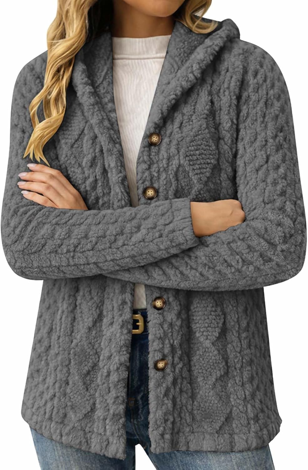 Sweater Jacket for Women, Fuzzy Hooded Cardigan with Buttons, Long Sleeve Open Front Casual Winter Coat