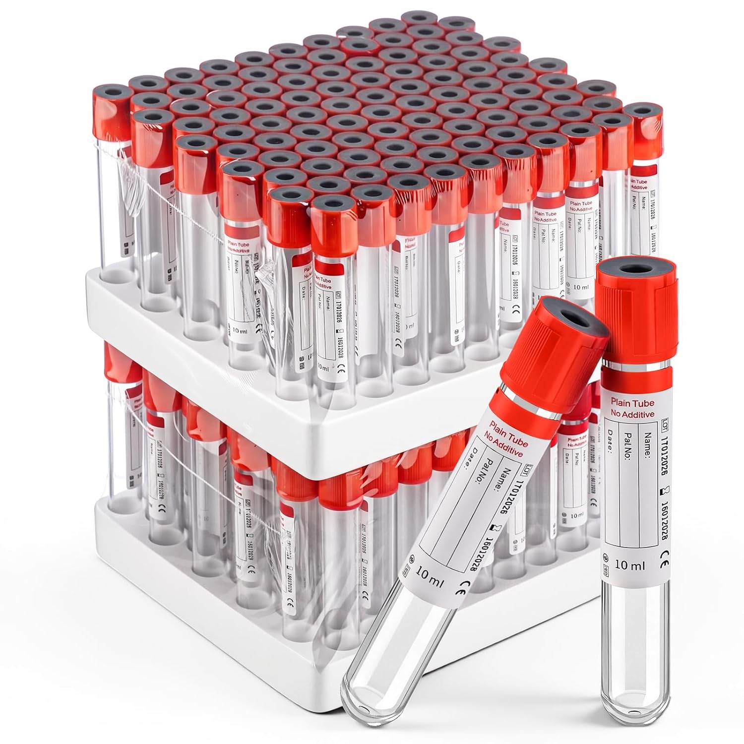 TrelaCo 200 Pcs Blood Collection Tubes 10ml Pt Lab Blood Collecting Plain Vacuum Tubes Bulk for Pet Animals Veterinary Test Lab Supplies Wrap Packaging Red