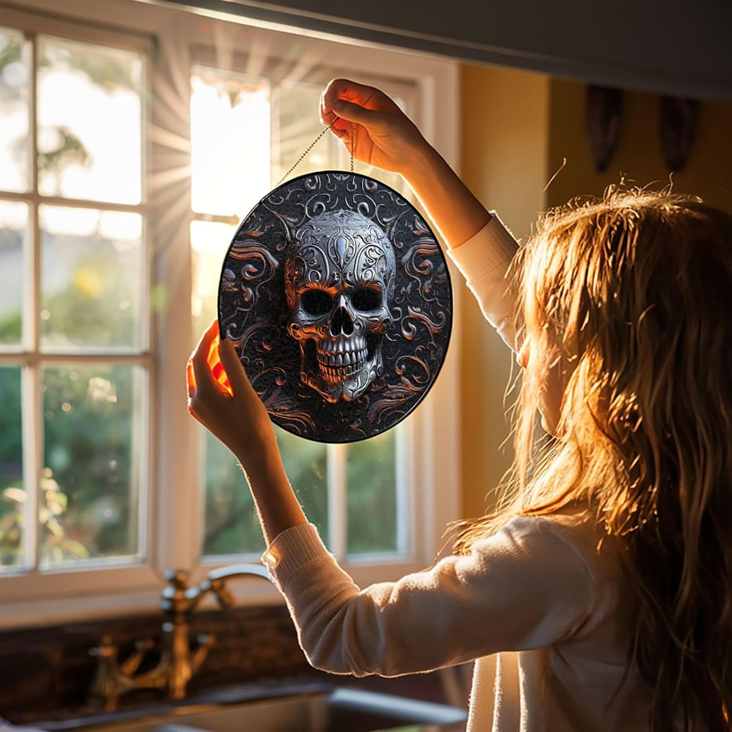 Stained Glass Window Hanging 6in（15cm）, Cool Skull Graphics Glass Suncatcher for Home Decor, Indoor Wall Art Glass Panel with Metal Chain and Hooks, Sun Catcher Ornament Birthday Gifts