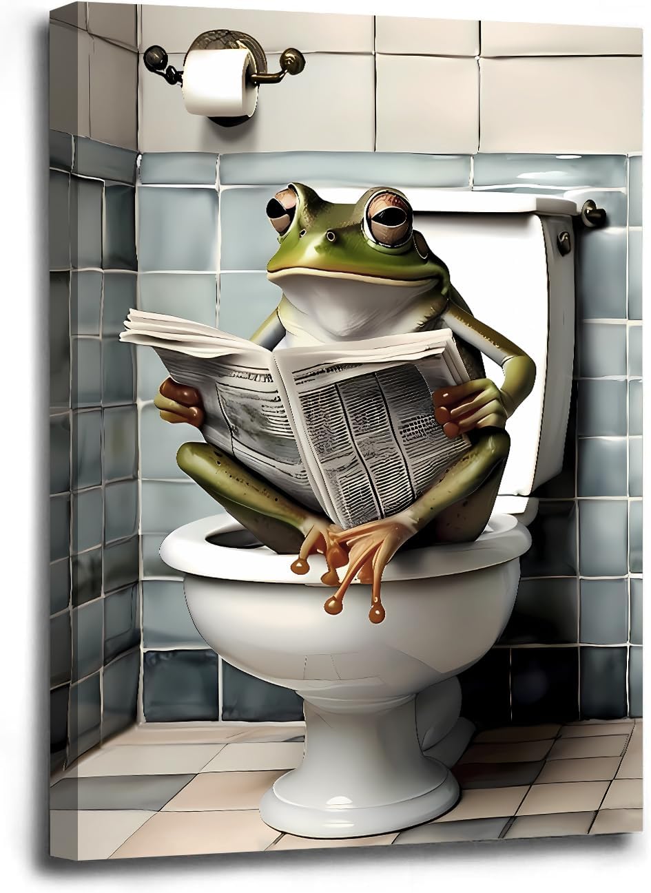 Funny Toilet Frog Reading Newspaper Canvas Poster,Frog Bathroom Decor Wall Art,Funny Animal Canvas Wall Art Framed Living room Bedroom Bathroom Office decor（12"x16"）