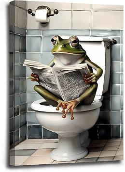 Funny Toilet Frog Reading Newspaper Canvas Poster,Frog Bathroom Decor Wall Art,Funny Animal Canvas Wall Art Framed Living room Bedroom Bathroom Office decor12"x16"