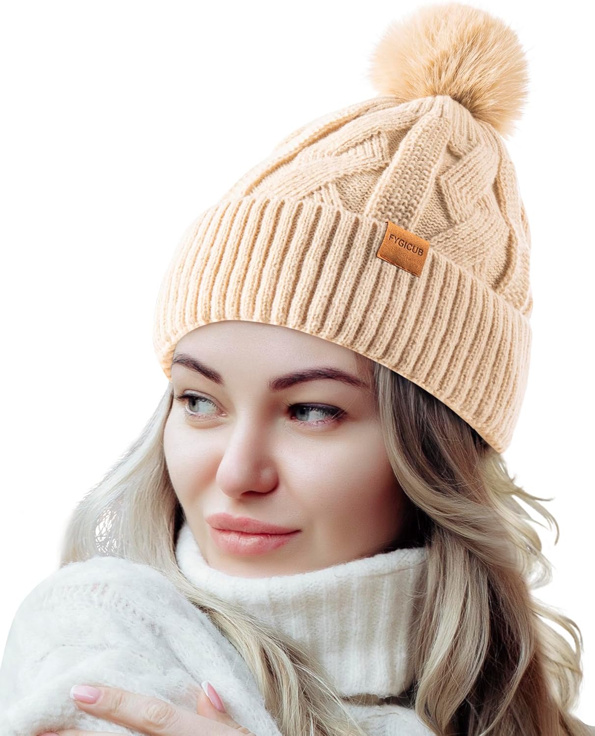 Women's Winter Knitted hat, Soft and Warm Fleece Trendy Beanie Cap with pom-pom Ski - Image 2