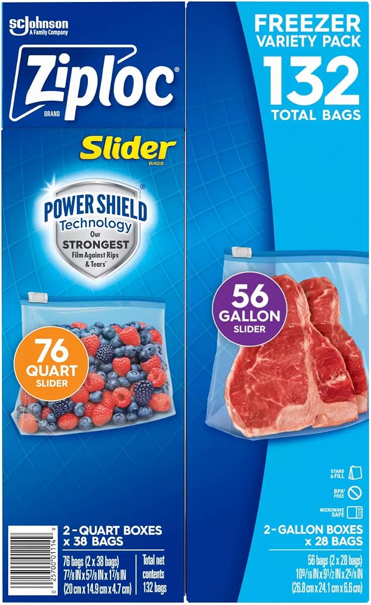 Paquete variado de bolsas deslizantes para congelador Ziploc, 132 unidades, tecnología Power Shield, bolsas de 76 cuartos y 56 galones