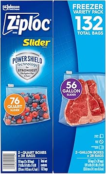 Ziploc Slider Freezer Bags Variety Pack, 132 Count, Power Shield Technology, 76 Quart and 56 Gallon Bags