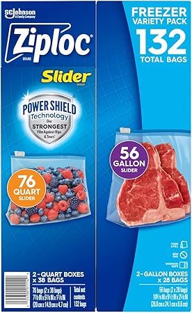 Ziploc Slider Freezer Bags Variety Pack, 132 Count, Power Shield Technology, 76 Quart and 56 Gallon Bags