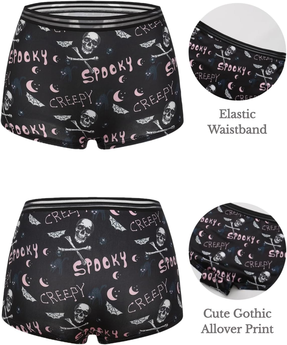 Morvia 10 Pack Variety of Gothic Print Boyshorts Underwear, High Waist Elastic Band, Assorted Halloween Skull Spooky Patterns - Image 2