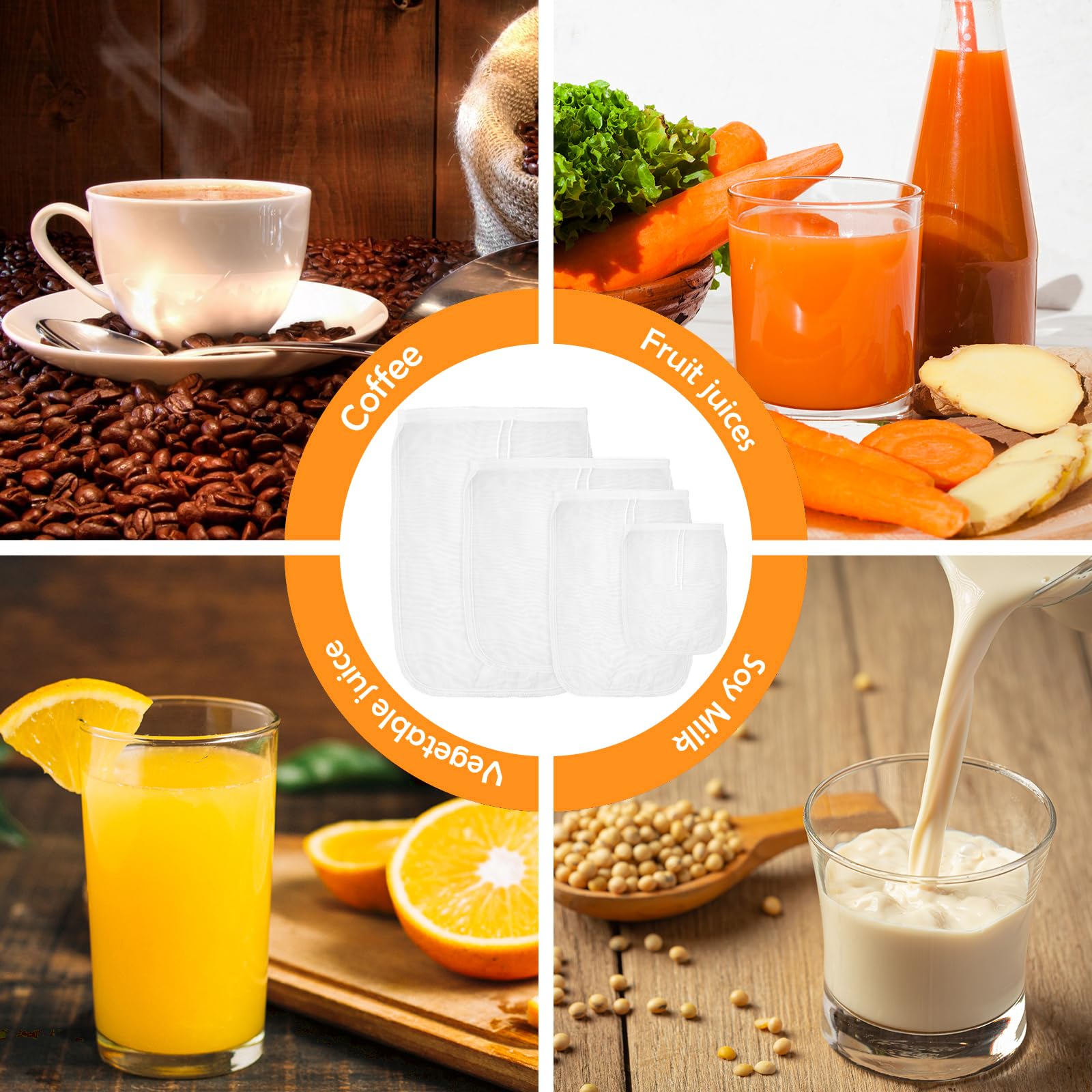 4 Stück Passiertuch Nussmilchbeutel, Wiederverwendbar Passiertücher Abseihtuch Mulltuch Küche Filterbeutel Cheese Cloth Mit Kordelzug Baumwolle Nussbeutel Für Käse Fruchtsaft Joghurt (Nylon, 4 Größen)