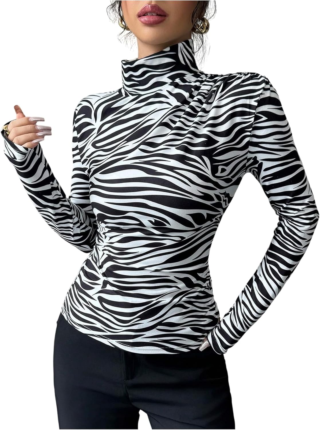 Milumia Women's Zebra Print Long Sleeve Tops Mock Neck Fitted Tee T Shirts