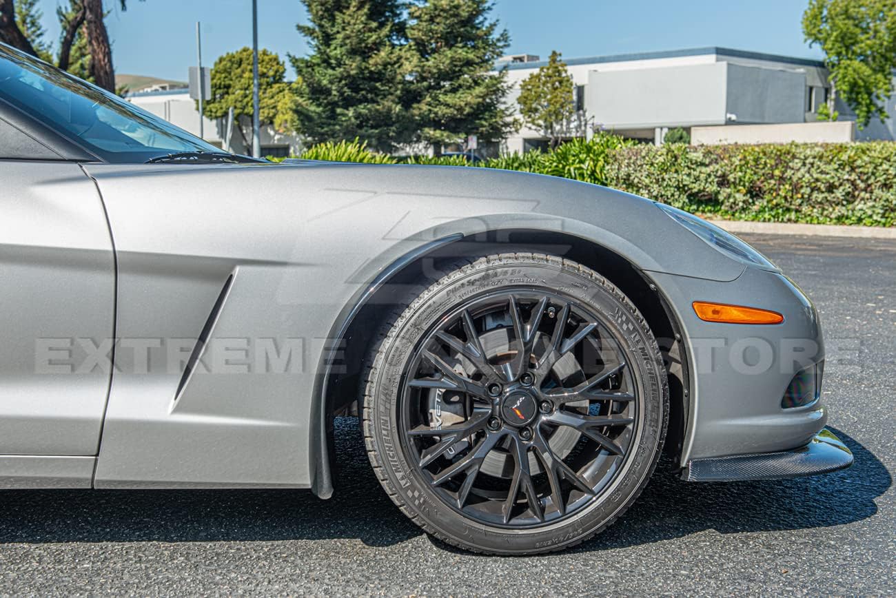 Replacement for 2005-2013 Chevrolet Corvette C6 Base Models | GM Factory XL Extended Style Front & Rear ABS Plastic - Painted Glossy Black Side Wheel Splash Guards Mud Flap Pair