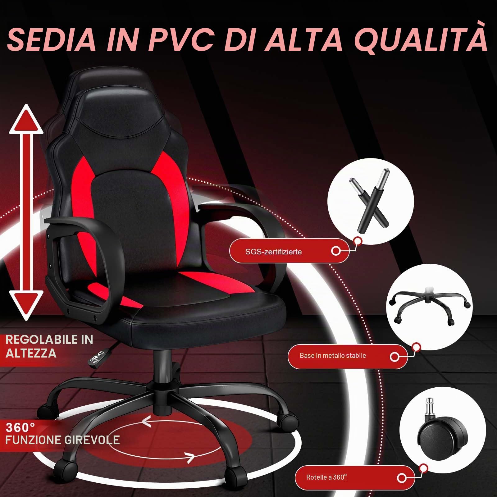 AnyGod Sedia Gaming, Sedia Da Computer Ergonomica Con Supporto Lombare, Altezza Regolabile, Ruote Girevoli, Adatta Per Casa, Ufficio, Adulti, Adolescenti, Bambini E Giocatori, Rossa