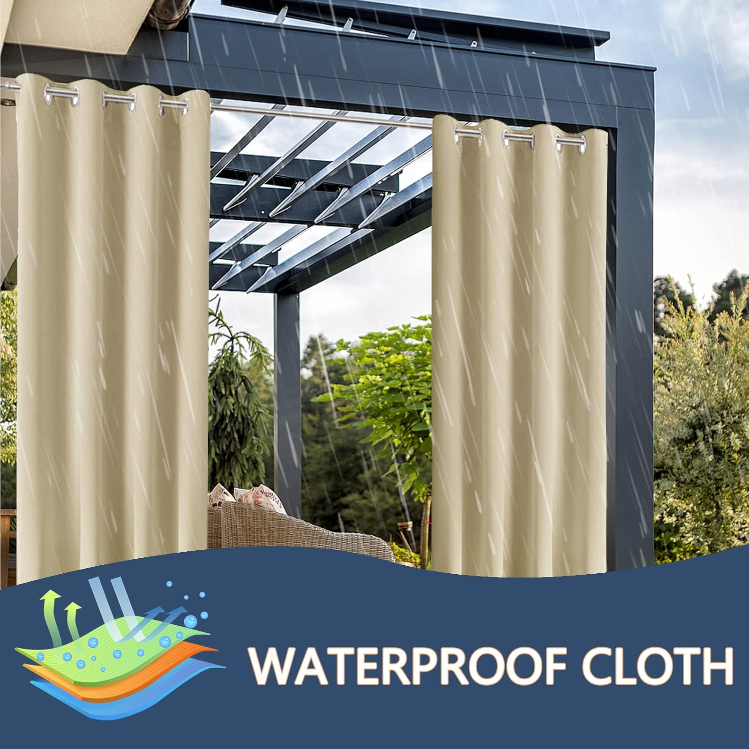 Outdoor Patio Curtain Weighted Waterproof Drapes Blackout Thermal Insulated Privacy Curtains for Gazebo Porch Balcony Garden [1 Panel,40 in x 70 in (W x L),Cream Color]