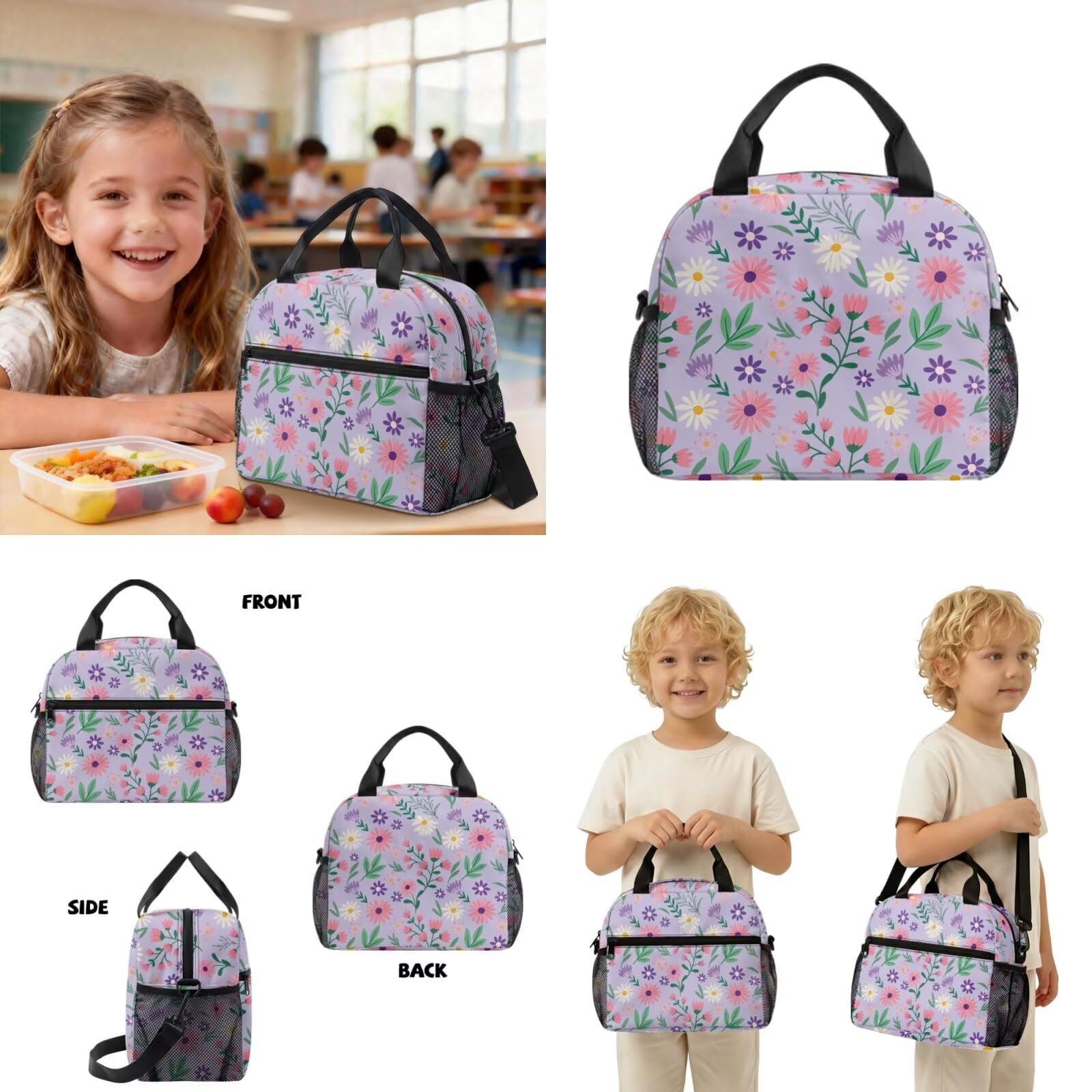COEQINE Mochila personalizada para niños de 6 a 7 años con fiambrera, mochila escolar preescolar para niñas de 4 a 5 años, Flor morada mixta floral, M, Diseñador
