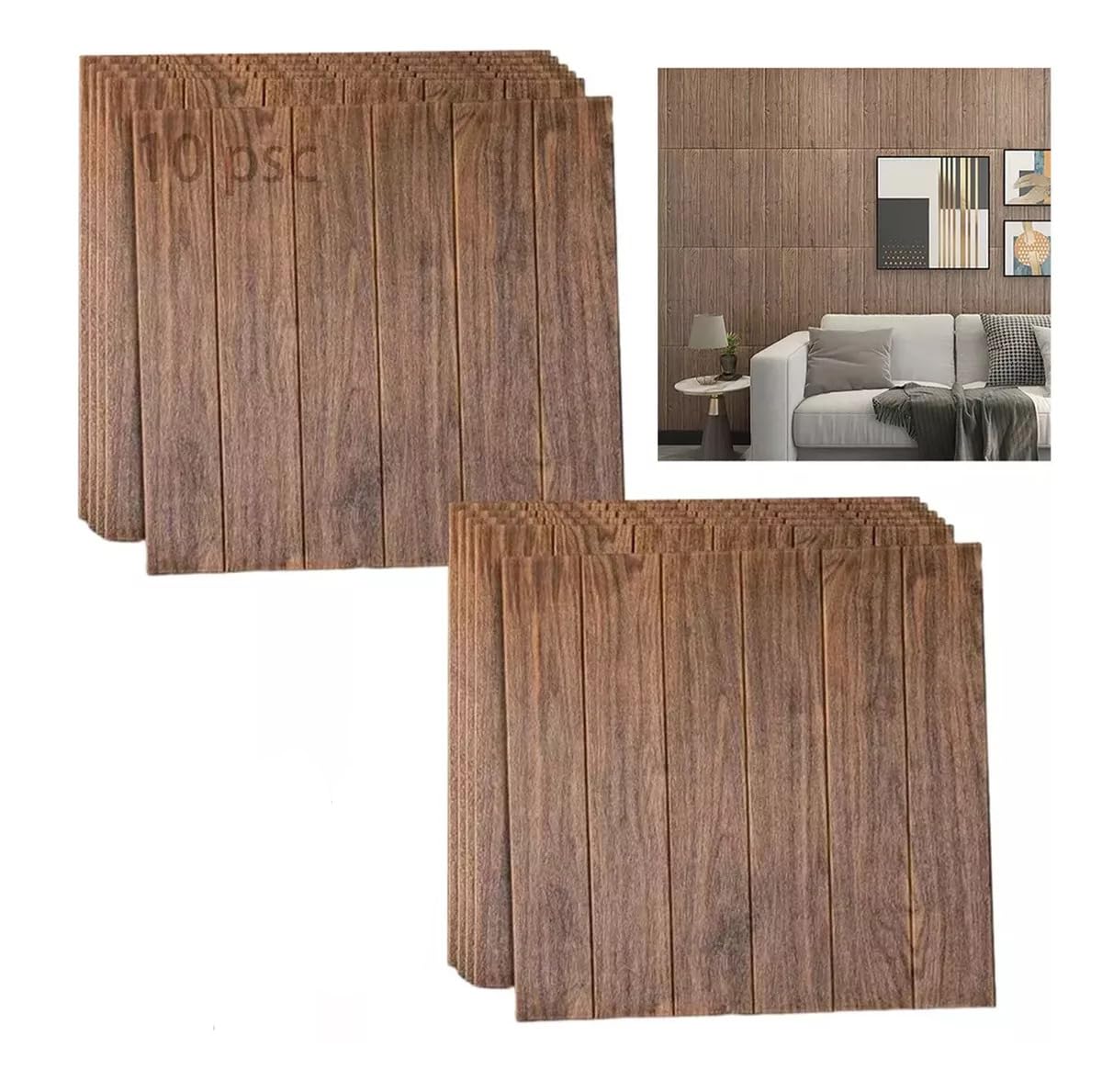 Papier peint adhésif mural 10 pièces (5,39 m2) 3D adhésif panneaux muraux briques panneaux muraux décoratifs 3D pour mur autocollants muraux, pour cuisine, salon, salle de bains, 77 x 70 cm, chêne
