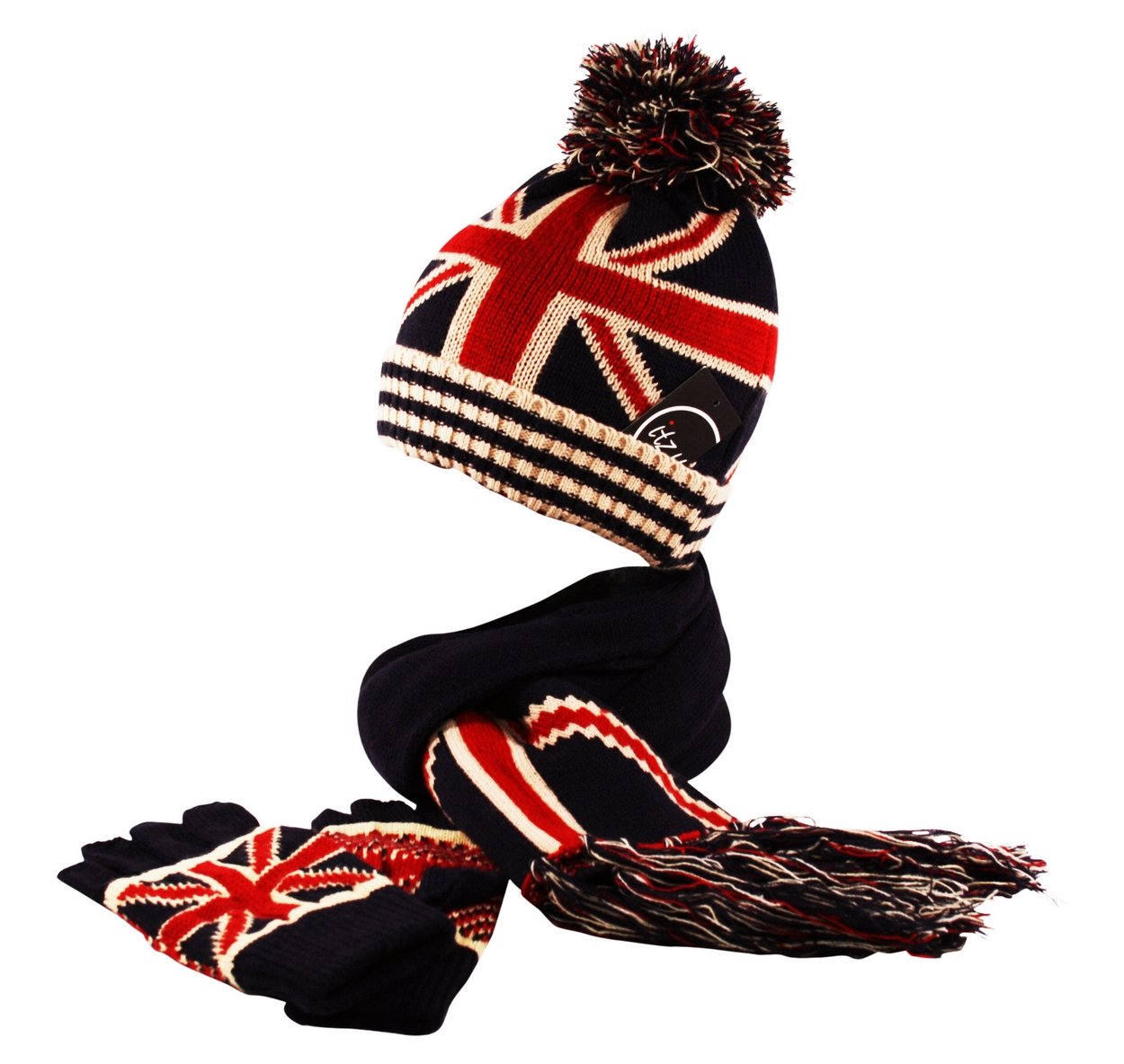 Itzu Union Jack Knit Bobble Beanie Hat Fingerless Gloves Scarf Winter 3 Piece Set in Navy Red Cream