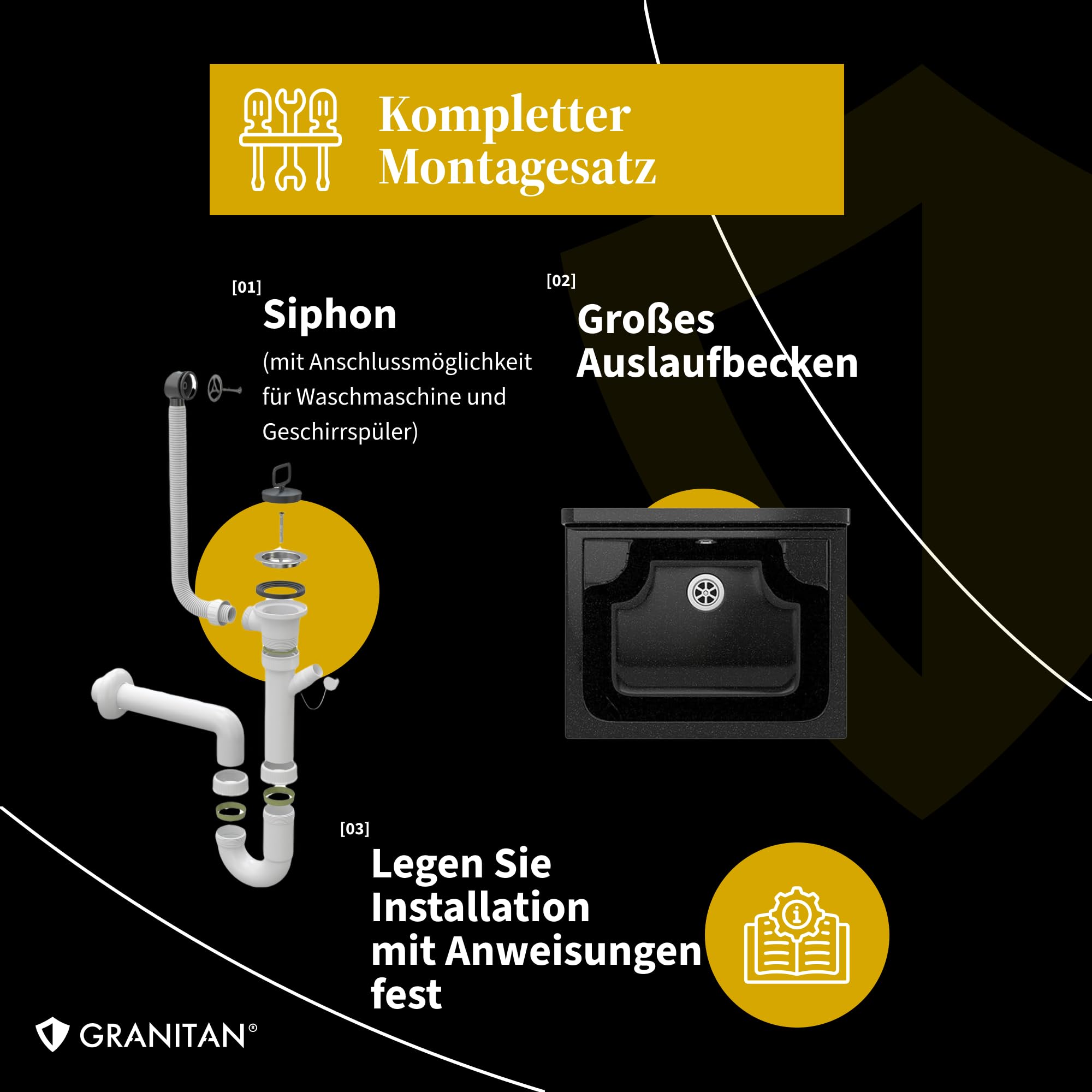 Ausgussbecken mit Mischbatterie undPlatz für Seifenspender Garage Keller Werkstatt und Waschküche - Universal Waschtrog mit Siphon - Waschbecken Wandmontage - 42x34x24 cm - Weiß - Granitan