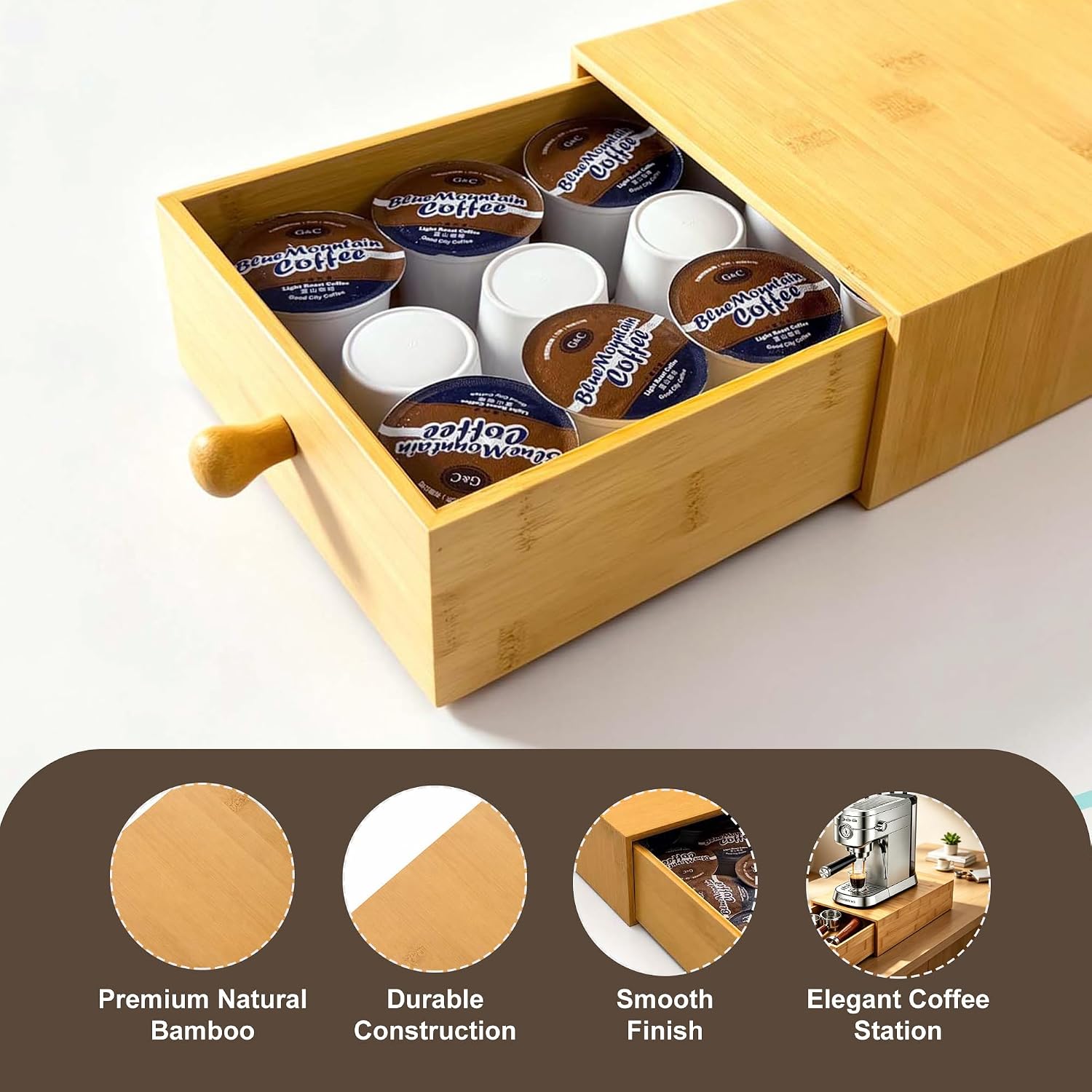SICHEER Bamboo K Cup Holder Drawer for 18 Pods, Coffee Maker Stand