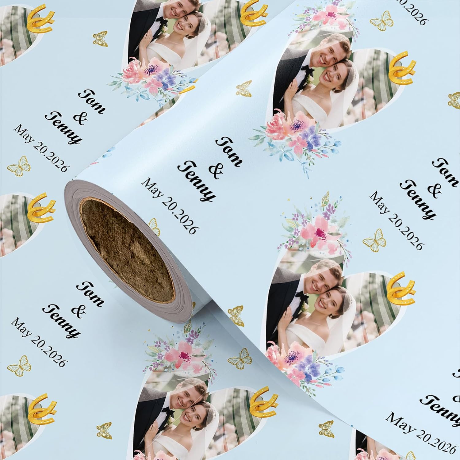 LeZakaa Custom Wedding Wrapping Paper 30×180in Jumbo Roll, Personalized Photo Light Blue Heart, Bridal Gift Wrap for Couple Wife Husband Boyfriend Girlfriend Bridal Shower Engagement Anniversary