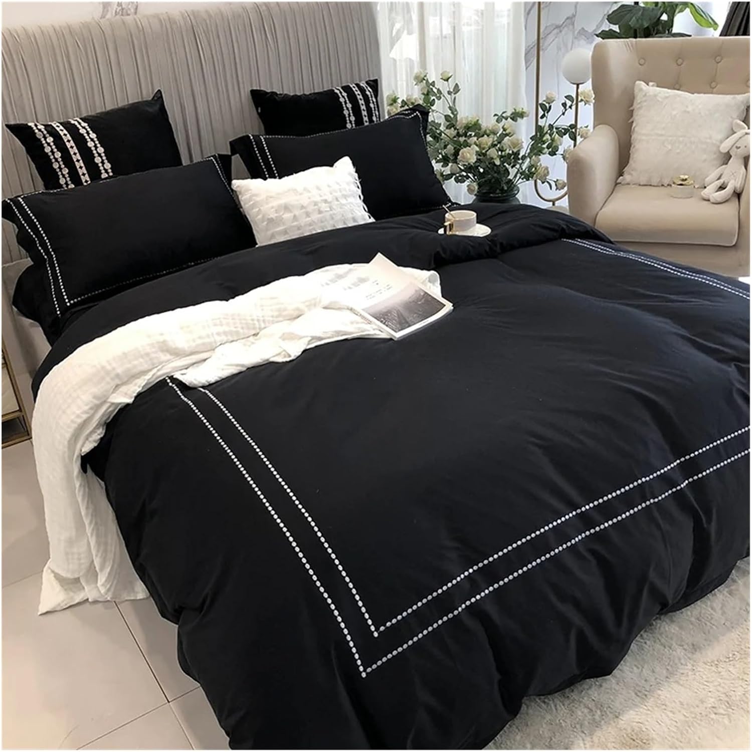 Black Bedding Set King Queen Size Bed Linen 600TC Egyptian Cotton Embroidery bedlinen Duvet Cover Bed Sheet Set Pillowcases,Bed