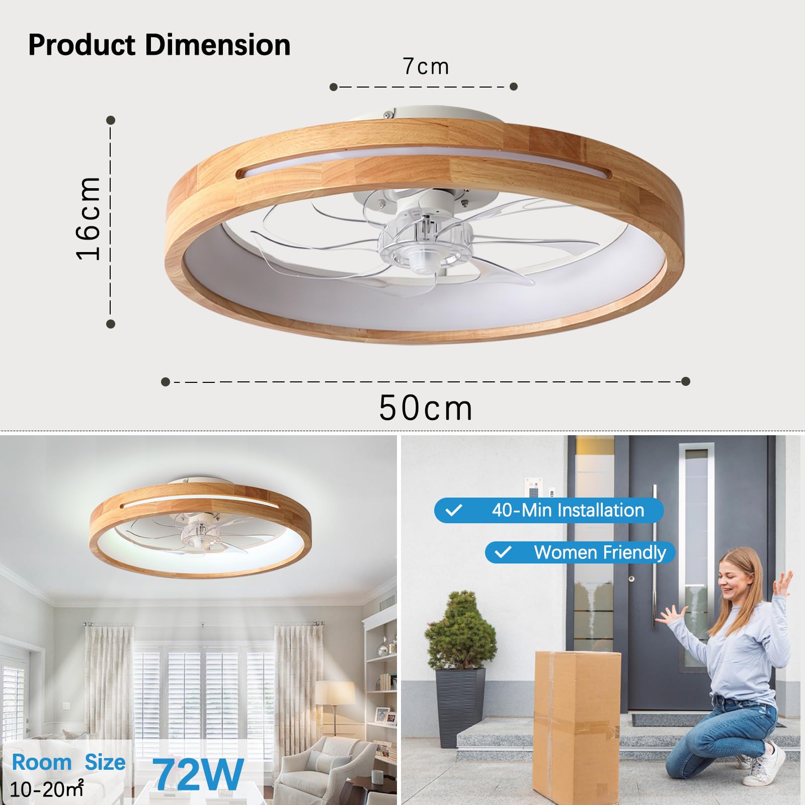 Wentylator sufitowy z drewna, 50 cm, z oświetleniem, nowoczesny i dyskretny design, odwracalny, z pilotem zdalnego sterowania, 6 prędkości, timer, ściemniane oświetlenie LED