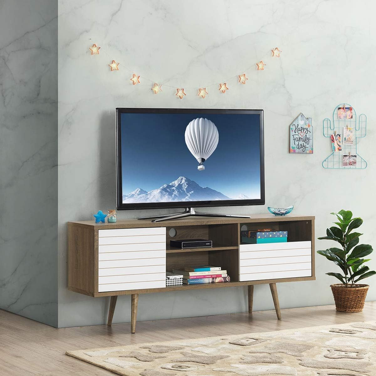 Mid-Century Modern TV Stand for 65” TV, Home Entertainment Center w/ 2 Cable Holes & 4 Tapered Dowel Legs, Wood TV Console Table w/Drawer, Shelves and Cabinet for Living Room