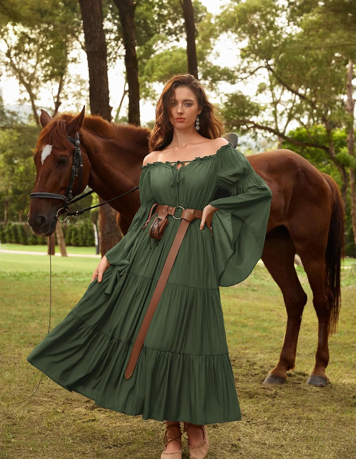 Scarlet Darkness Renaissance Costume Women Off Shoulder Bell Sleeve Tiered Maxi Dress - Image 2