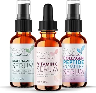 Natural Firm & Glow Skincare Set of 3 Serums – Skin Care Products With 20% Vitamin C Serum, Peptide Complex Serum, Niacinamide Vitamin B3 Serum - Peptides Serum for Face - Face Serum by Eva Naturals