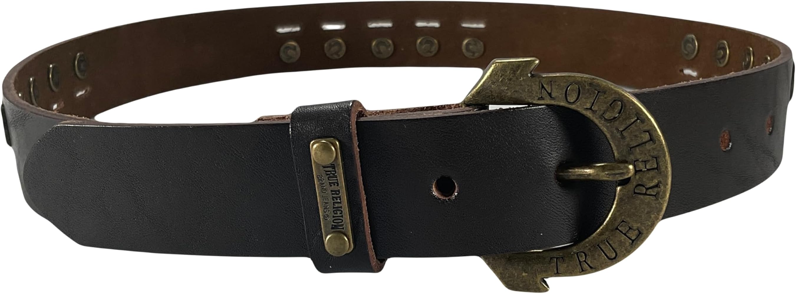 True Religion Womens Jeans Leather Belt Brown Studded Embossed