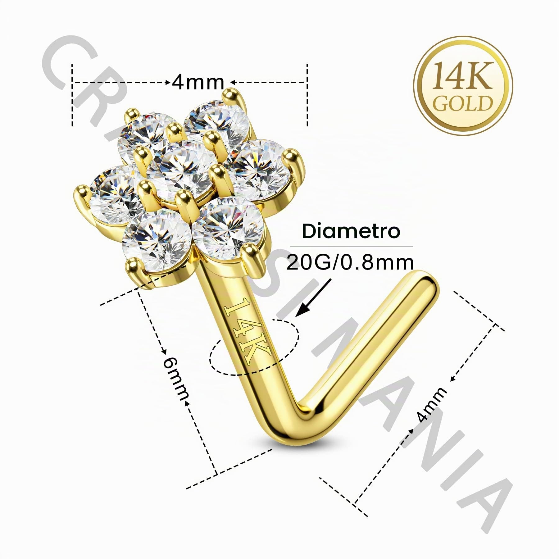 CM Crareesi Mania Oro Giallo Massiccio 14 Carati Anello Naso Piercing con Zirconia Cubica Diamante, Calibro 20, 6 mm, 7 grams, Gioielli in Vero Oro Giallo per Donne e Uomini