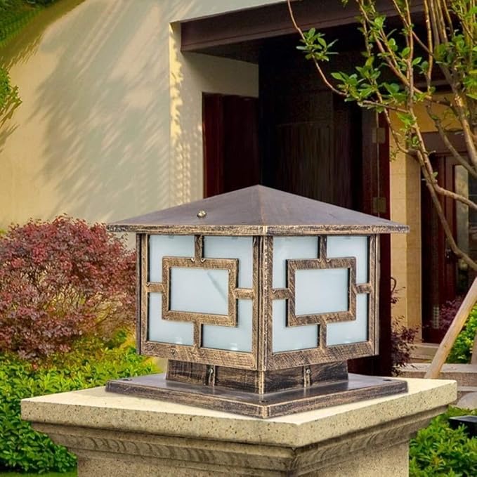 Hertl Hertl Garden Post Light Retro Lawn Light Waterdicht met Frosted Glass Landschap Lamp Aluminium Vierkant Frame Pillar Lamp Decor Lighting/E26 Dusk to Dawn Vintage Outdoor Security Path Light (kleur : photo 2