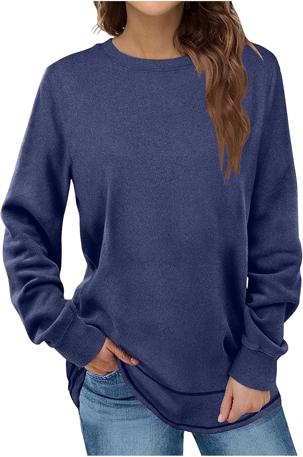 PBNBP Womens Fall Clothes Loose Fit Crewneck Sweatshirts Curved-Hem Oversized Shirts Solid Color Long Sleeve Comfy Soft Tops