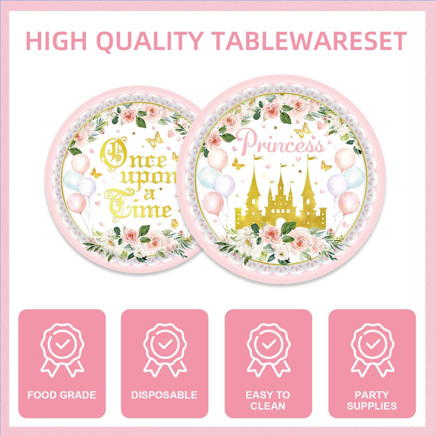 141Pcs Princess Birthday Party Decorations Castle Themed Tableware - Princess Party Plates and Napkins Forks Cups Cutlery Tablecloth Rose Gold Floral for Girls Baby Shower Birthday Decorations - Image 3