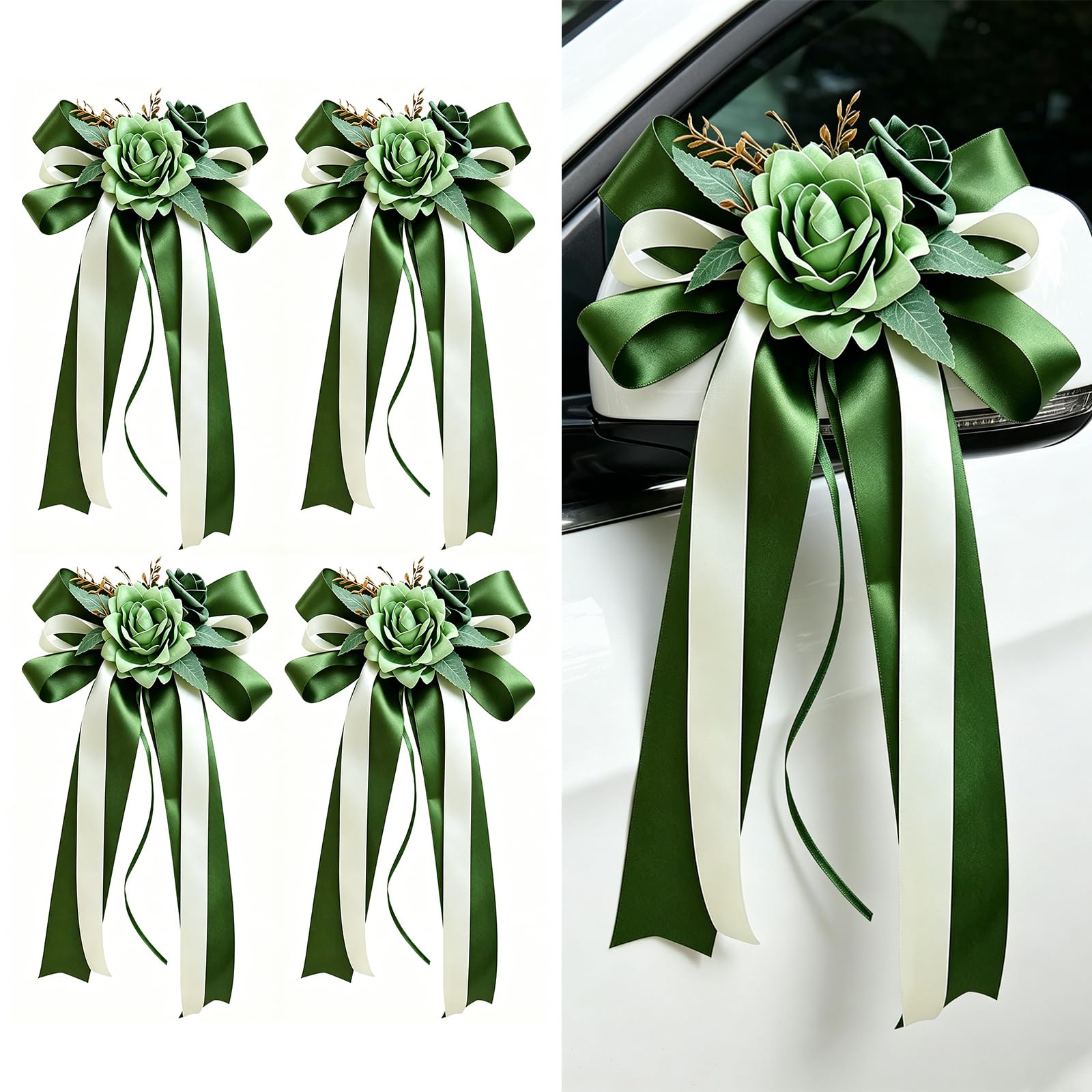 MospdyGear Set of 4 Wedding Car Decorations, Silk Green Artificial Floral Bows for Door Handles and Mirrors, Suitable for Just Married Celebrations