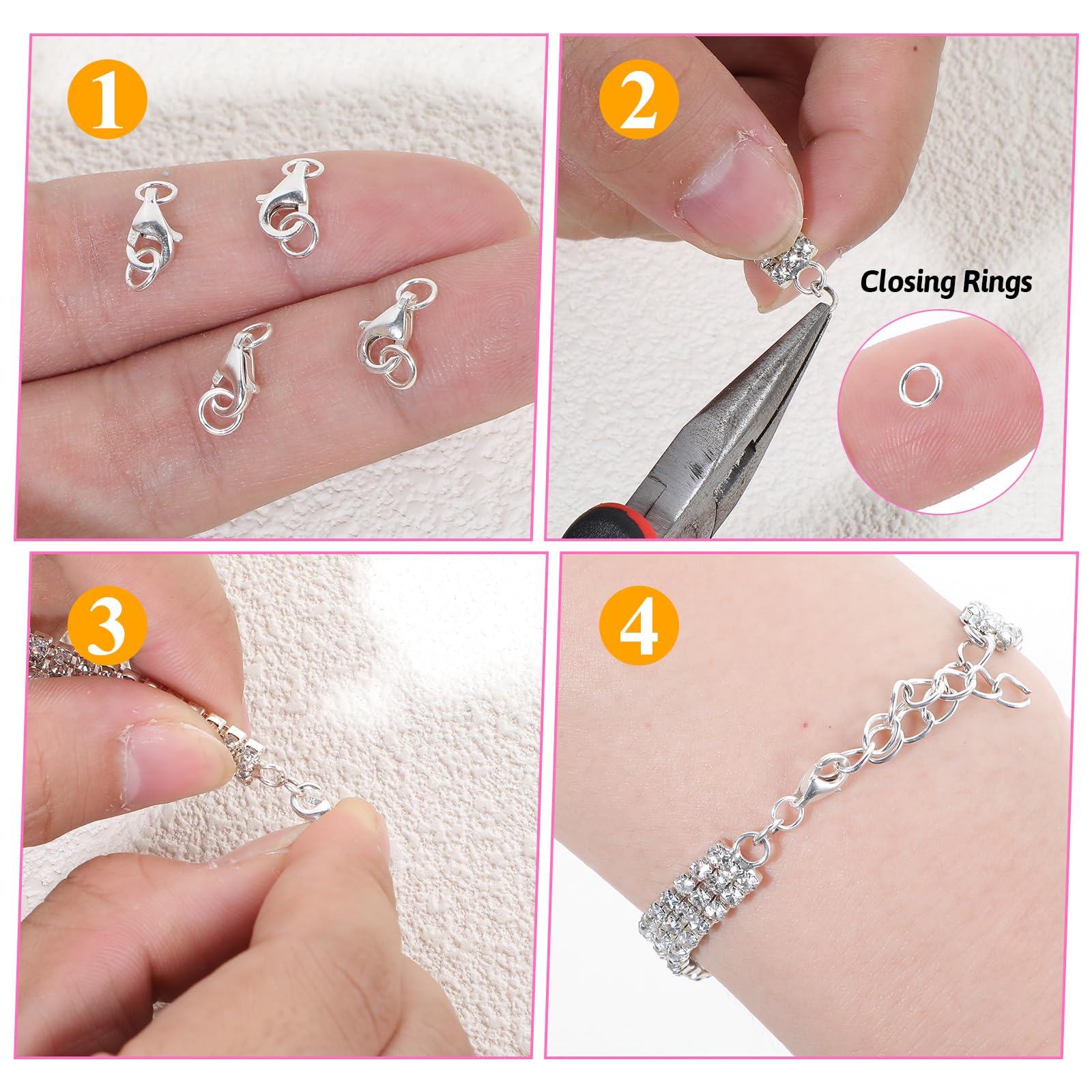 Set di 5 chiusure a catena, in argento Sterling 925, per bracciali, chiusura a moschettone, chiusura a catena, con anelli di piegatura, per la creazione di gioielli