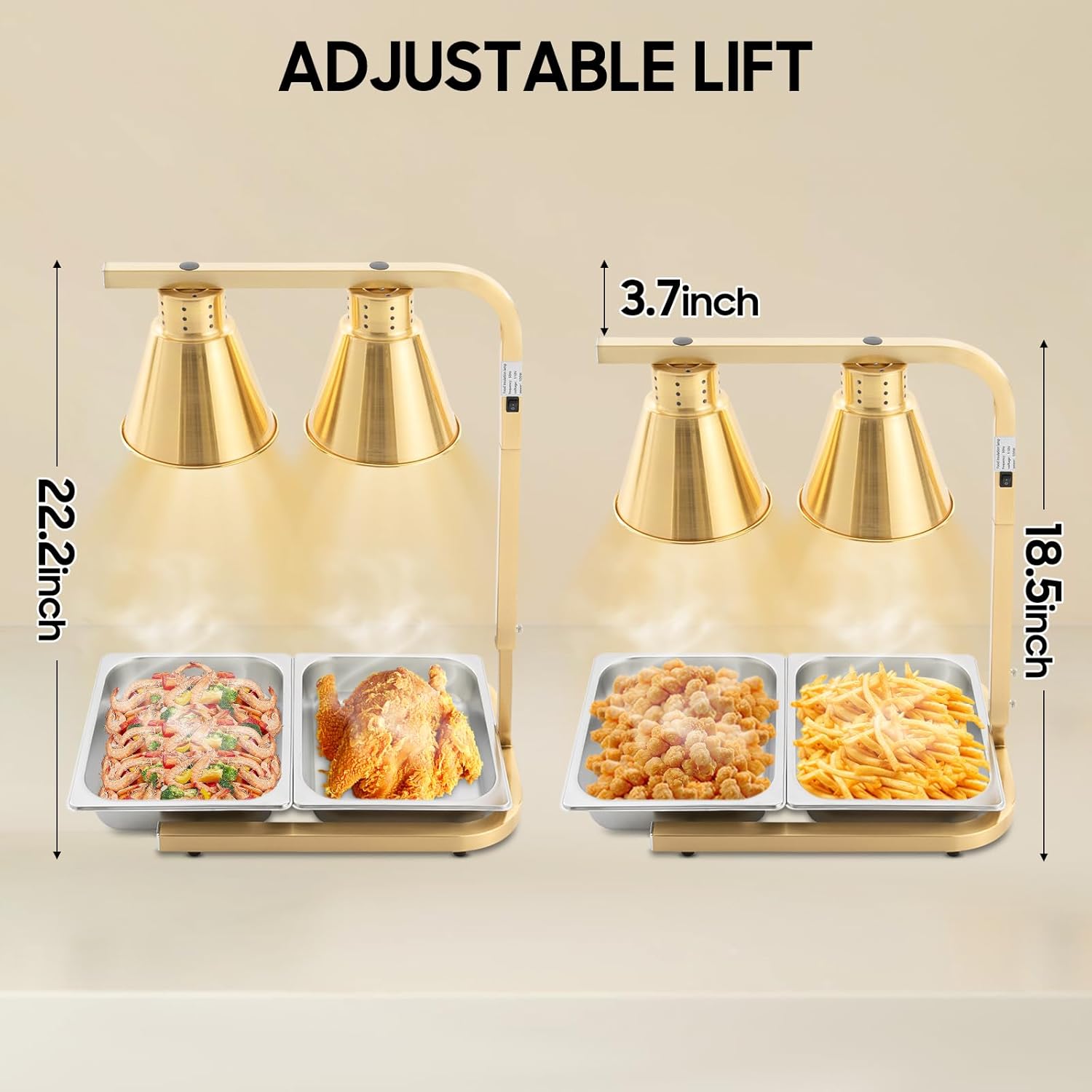 Food Heat Lamp, 500W Double Head Electric Heat Lamp for Food Service, Food Warmer Light, Commercial Portable Food Beverage Warmer, 110V Food Warmer Light, Buffet Warmer, Heat Lamp (Gold)