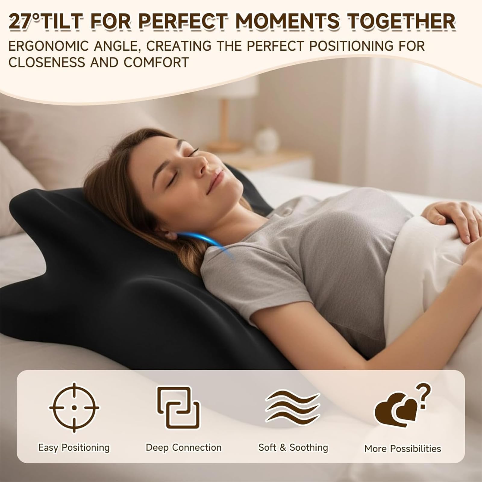 ZVD Coussin Couple Oreiller en Coin 27° Ergonomique en Mousse à Mémoire de Forme, Coussin de Soutien Multifonction pour Moments Intimes, Yoga, Lecture et Repos avec Housse Amovible (Noir)