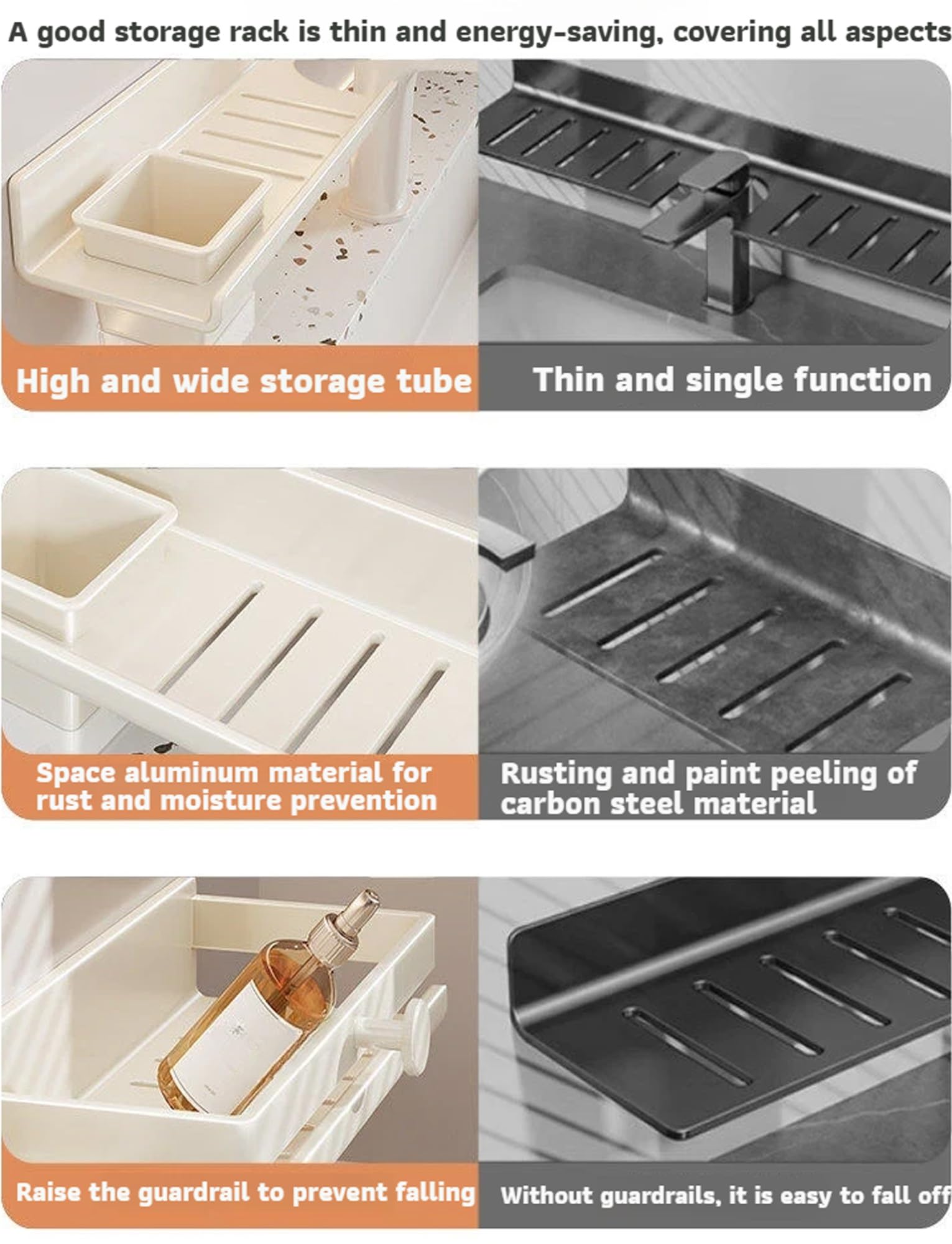 Estante organizador de almacenamiento para fregadero sin taladrar, soporte para grifo de pared para baño y cocina, diseño de drenaje fácil para lavandería, 50 cm