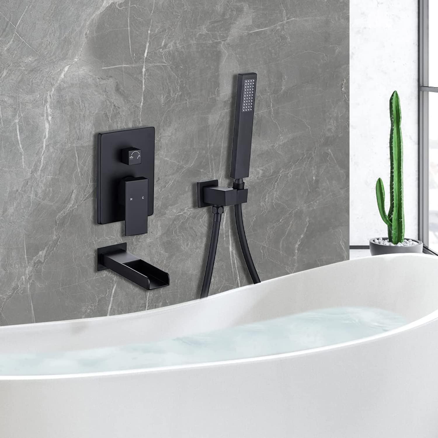 Waterfall Tub Filler Faucet High Flow, Wall Mounted Single Handle Bathroom Roman Tub Shower Faucets Set with Hand Shower, Matte Black Waterfall Tub Faucet