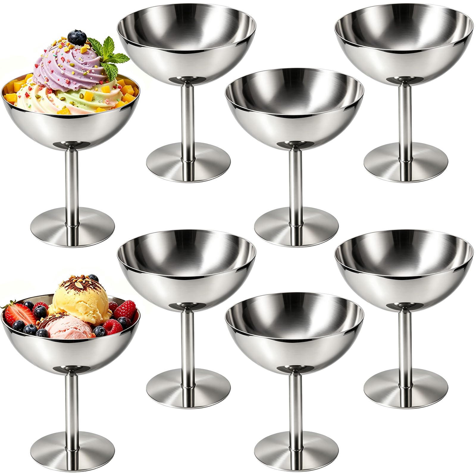 8 Stück Eisbecher, Eisschalen Eiscreme Dessertgläser mit Hohe Fuß, Vintage Edelstahl Dessertschale mit Fuß zum Servieren von Eis, Salat, Pudding und Obst für Partys, Dessertschalen aus 304 Edelstahl