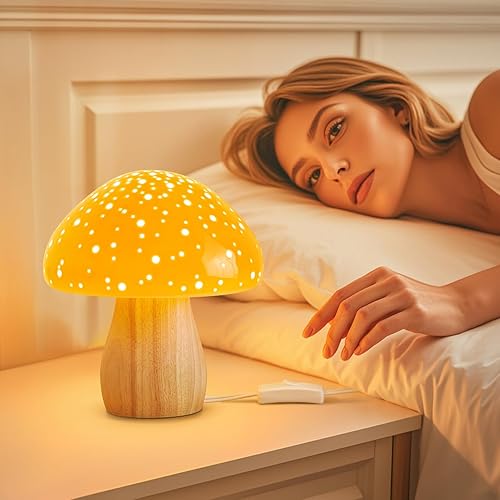 Miniatura 4 de BOHON Lámpara de hongo, lámpara de mesita de noche de cerámica para mesita de noche de dormitorio, luz nocturna naranja retro, lámpara estética