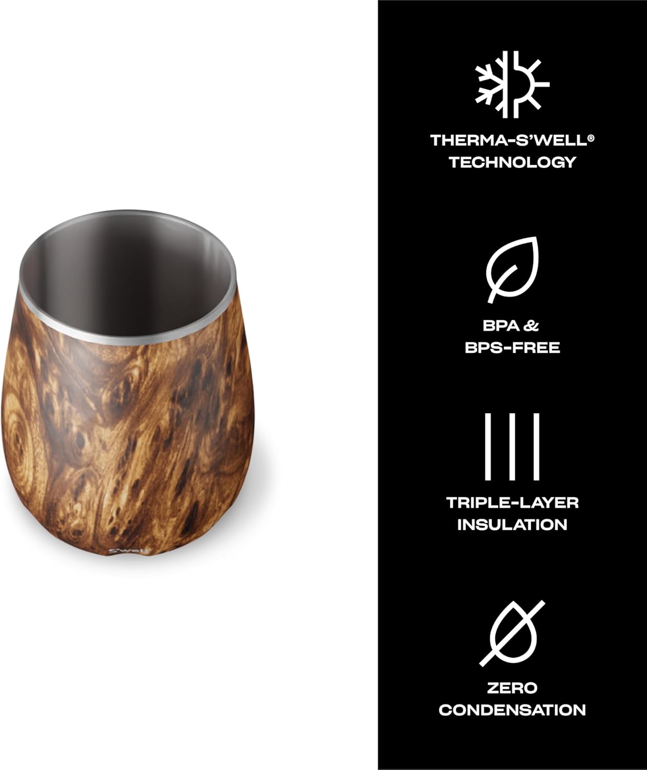 S'well Stainless Steel Wine Tumbler, 9oz, Teakwood, Triple Layered Vacuum Insulated Container Keeps Drinks Colder for Longer, BPA Free Barware - Image 4