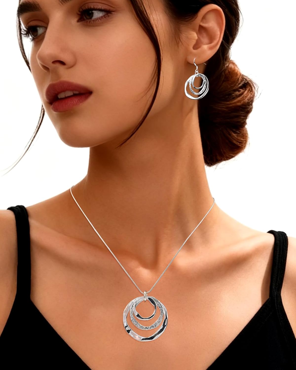 Hypoallergenic Silver Circle & Dangle Earrings and Necklace Set for Women Geometric Boho Style Hoop Jewelry for Women-Lightweight & Dangling-Gift for Bohemian Fashionistas - Image 2