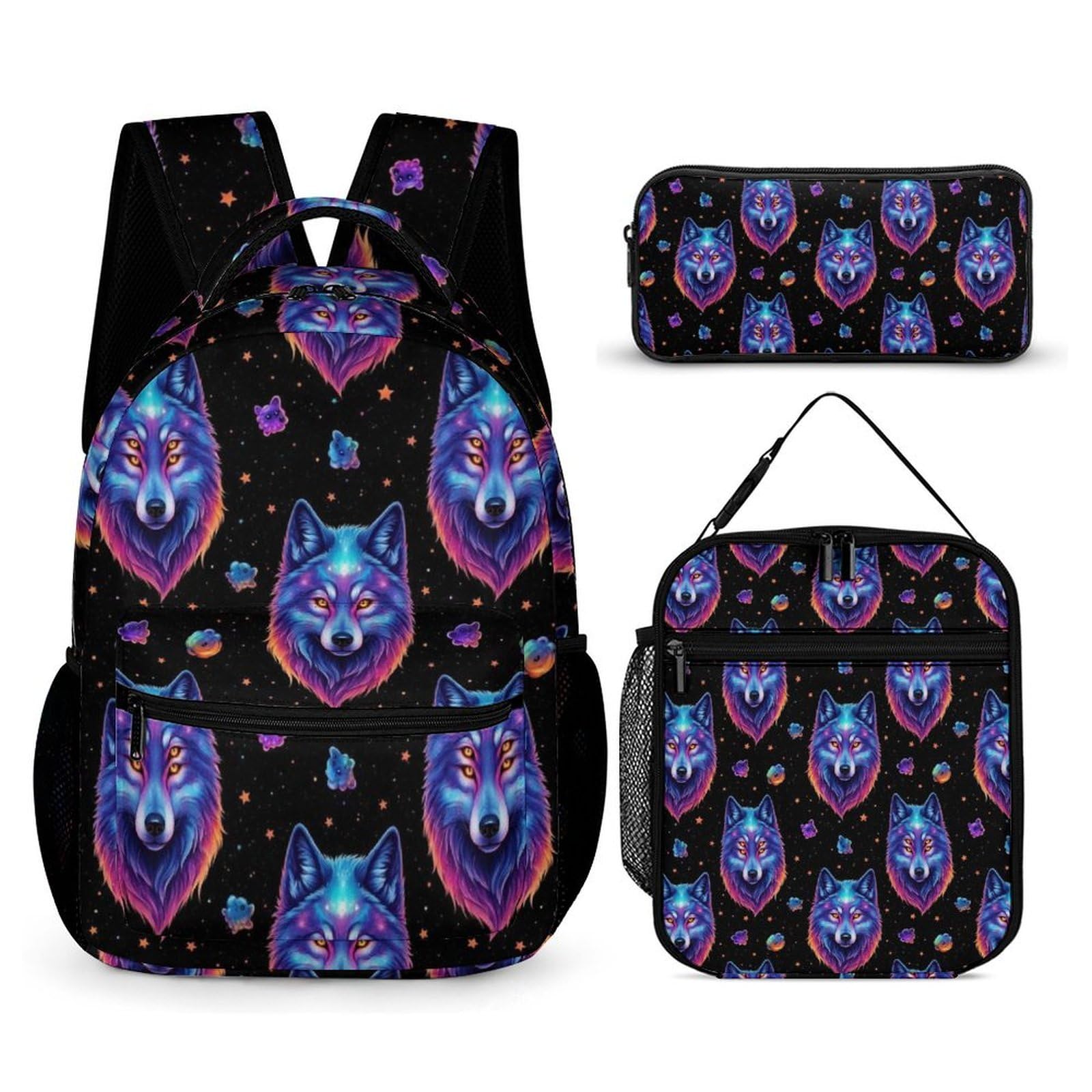 Ensemble sac à dos de voyage avec sac à lunch et trousse de maquillage Galaxy Wolf (2) Boîte et rangement