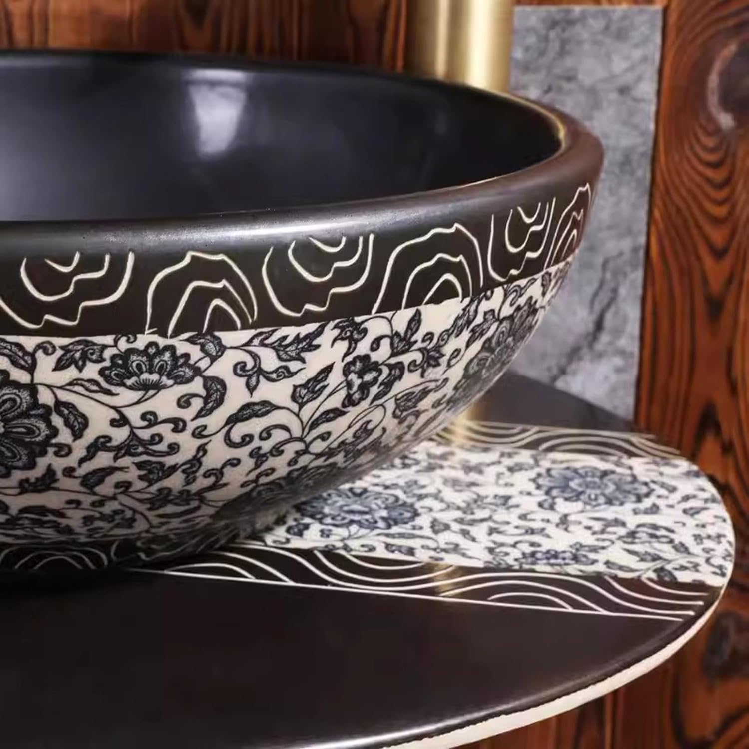 Freestanding Pedestal Sink Hotel Bathroom Art Sink Ceramic Bathroom Sink Round Vessel Sink Combo Retro Hand Painted Basin Sink for Indoor and Outdoor,(C)