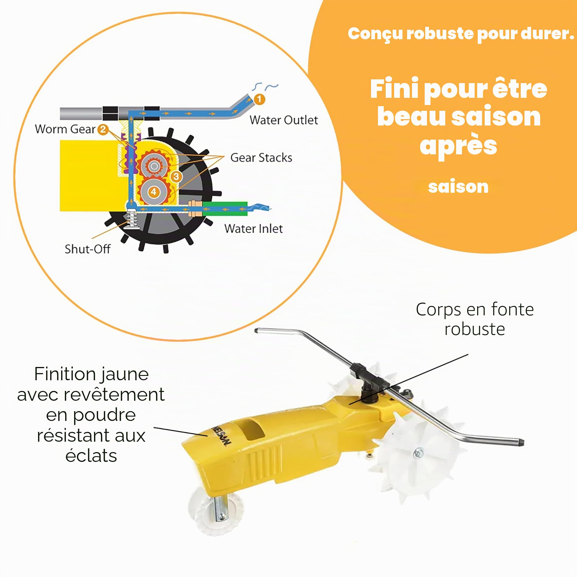 Nelson Rain Train Arroseur Mobile en Fonte, Jaune, 1 254 m² pour Cour et Jardin, avec arrêt Automatique