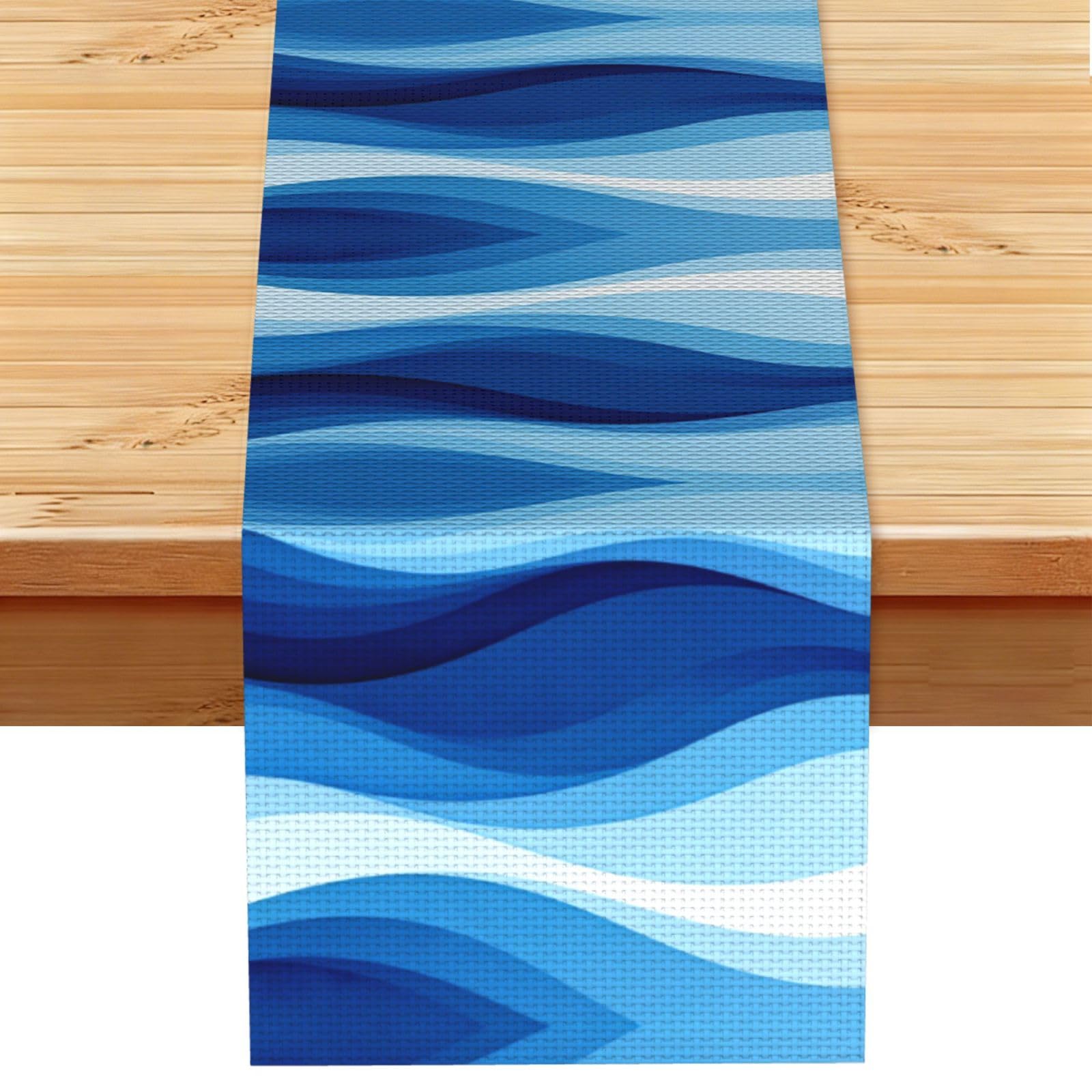 Wave Lines Pattern Linen Look Table Runner 13x72-Wrinkle Resistant Farmhouse Style for Dining Table Decor