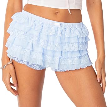 KMBANGI Women Ruffle Shorts Bloomers Lace Layered Cute Lolita Pumpkin Pants Sexy Boy Shorts Booty Bottoms Y2k Pettipants