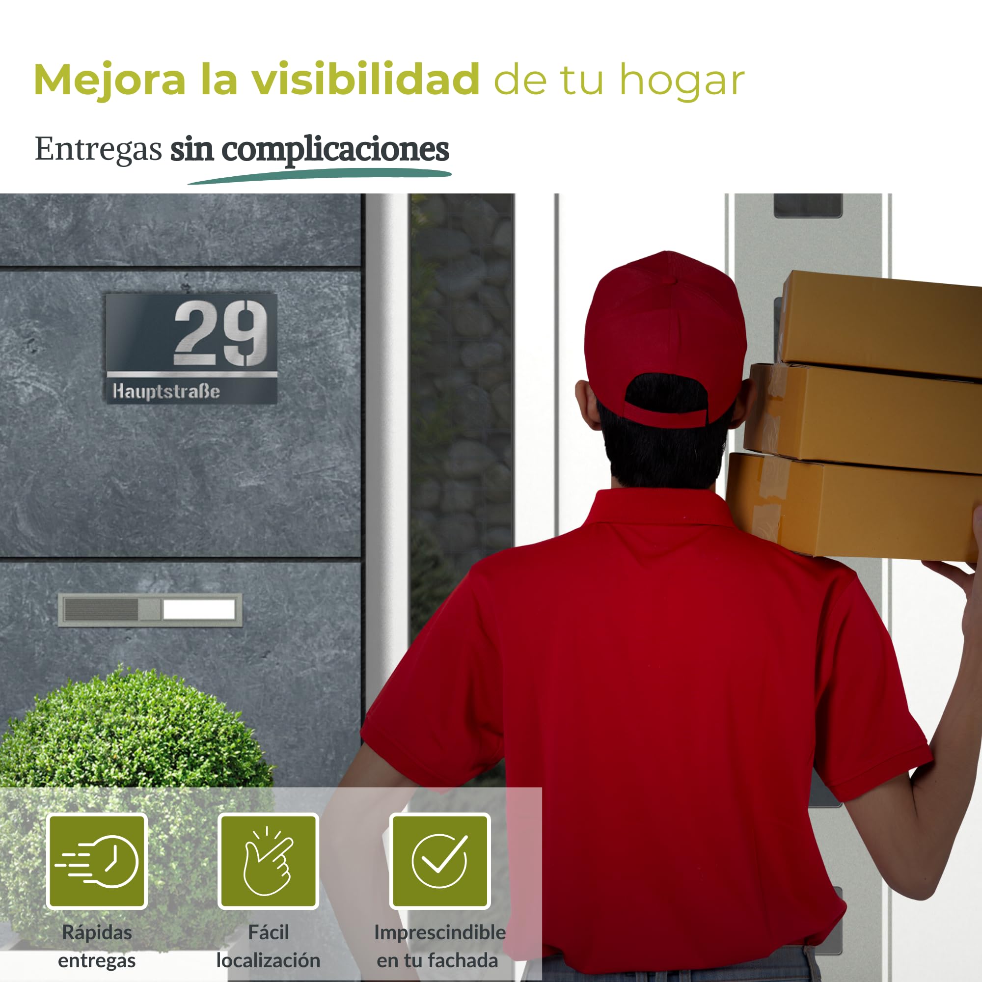 placa número para exterior de dos líneas – 160x110 mm, antracita RAL 7016, acero inoxidable V2A (AISI 304), personalizable