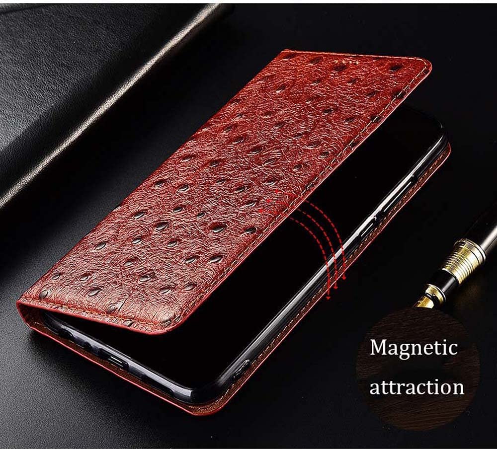 Magnetyczne etui na telefon z klapką z 2 przegródkami na karty, do Apple iPhone 13 Pro Max (2021) 6,7-calowe skórzane etui folio z teksturą strusia [podpórka] (kolor: kawowy)